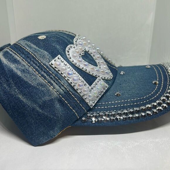 Denim Rhinestone LOVE Baseball Cap - Picture 3 of 5